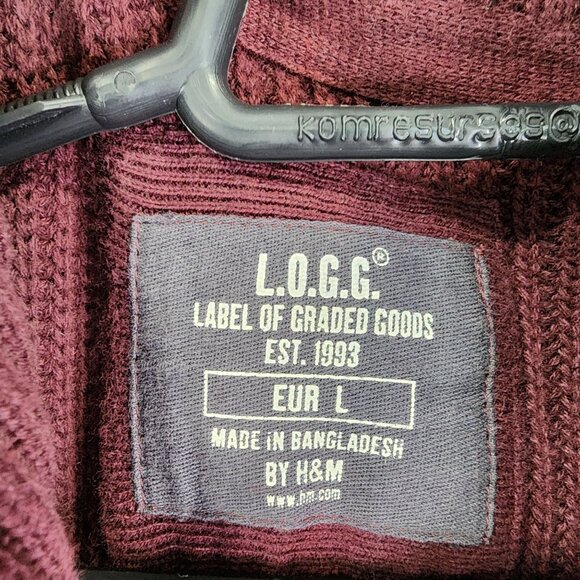 Mens H&M L.O.G.G. Burgundy Sweater Jacket Full Zip 100% Cotton Ribbed Knit L - Picture 7 of 12